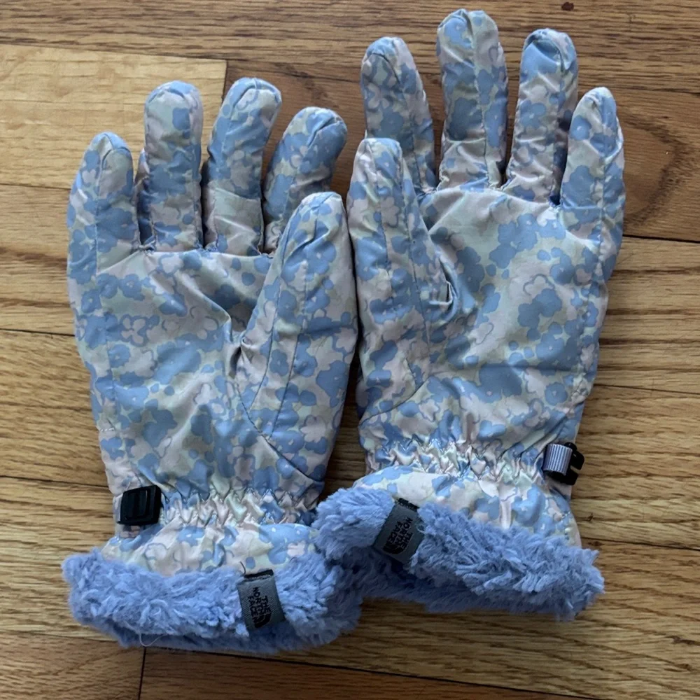 The North Face girls Blue and Cream Patterned Gloves